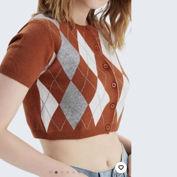 CIDER Brown Cropped Short Sleeve Cardigan Sweater Women's Size Medium - Picture 1 of 13